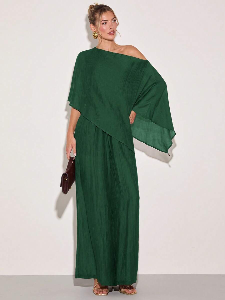 COSMINA Women's Solid Color Asymmetric Shoulder Batwing Sleeve Shirt And Wide Leg Pants Fashion 2 Pieces Set - Dark Green - View 1