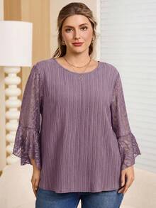 Rosumi 大尺碼女款對比蕾絲喇叭袖圓領優雅襯衫 - 紫羅蘭色 - 查看 6