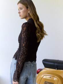 Nöista Brown, Chinese-Style Collar Lace Top, Silhouette, Elegance Casual. Spring Summer, Everyday Wear, Dates, Quintessential Example Chinese Style. - Green - View 3