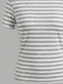 Tseoso 95%Cotton Women's Retro Gray/White Striped Short-Sleeve Tee - Summer Streetwear, Soft Girl - Multicolor - View 5