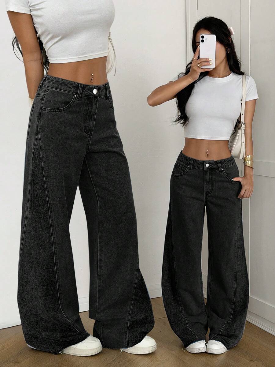 SHEIN PETITE 女款時尚百搭口袋鈕扣寬鬆休閒牛仔長褲 - 黑色 - 查看 1