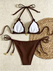 Swim Vcay Women's Summer Vacation Gold Sun Decor Black Bikini Set Beachwear - Brown - View 7