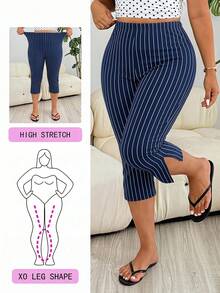 Solflare Blue Striped Plus Size Women's Split Hem 7/8 Length Leggings - Multicolor - View 1