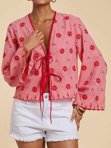 Travachic 女款格紋花卉刺繡圖案休閒百搭日常出遊襯衫 - 紅色 - 查看 5