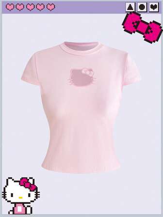 HELLO KITTY AND FRIENDS | ROMWE Camiseta de mujer con cintura calada, unicolor, adecuada para la escuela, temporada de graduación, Día de San Valentín, festival de música, fiesta, vacaciones y uso casual diario en primavera, verano y otoño