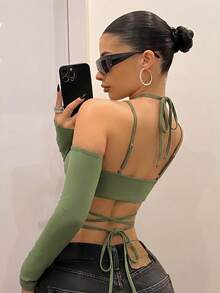 SHEIN ICON 女款素色裹身式交叉綁帶可拆卸袖休閒日常上衣 - 軍綠色 - 查看 2