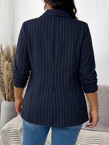 SHEIN LUNE Blazer Wanita Ukuran Besar Warna Polos Lengan Lipit untuk Musim Panas, Formal, Biru Tua, Kasual - Navy Blue - View 2