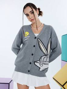 LOONEY TUNES X SHEIN Women Grey Casual Rabbit Cartoon & Letter Pattern Jacquard Dropped Shoulder Loose V-Neck Button Up Cardigan Cute Sweater Cardigan Fall Sweaters Ugly Christmas Sweater - Dark Grey - View 5