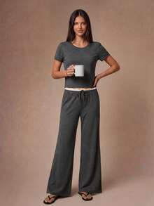Lazeform Spring/Summer Women's Pajama Set, Simple & Comfortable Rayon, Exquisite Lace Waist Decoration, Suitable For Loungewear - Dark Grey - View 2