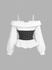 SHEIN MOD Plus-Size Women's Elegant Black And White Polka-Edge Off-Shoulder Top, Simple And Stylish, Suitable For Casual Everyday Wear, Street Style, Office Occasions, Long-Sleeved Top, Elegant New Year's Top, Gothic Style, Outdoor Top, Party Top, Women's Casual Wear, Carnival, Summer Off-Shoulder Top, Strapless Shirt, Sleeved Top, Off-Shoulder Puff Sleeve Shirt, Spring And Autumn Wear. - Black and White - View 3