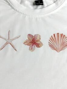 INAWLY Beach Vacation Patchwork Aesthetic, Ocean Starfish Pearl Print, Suitable For Women's Summer Tops & T-Shirts - White - View 6
