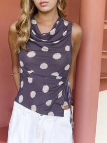 Nöista Printed Polka Dot Mesh Top With Cowl Neck And Side Tie For Parties And Summer Styling. - Chocolate Brown - View 7
