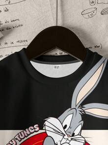 LOONEY TUNES X SHEIN 男童休闲时尚街头运动卡通兔子数字字母图案撞色保暖卫衣，秋冬款 - 白色 - 查看 3