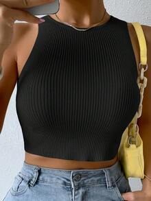 SHEIN PariChic Top tejido corto unicolor de canalé - Negro - Ver 8