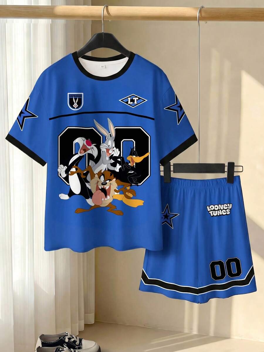 LOONEY TUNES X SHEIN Tween Boy Casual Cartoon Print T-Shirt And Shorts Set, Summer - White - View 1