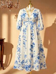 Rometta Women's Plus Size Deep Shirred Mid-Length Lantern Sleeve Cinched Waist Back Ruched Bow Tie Full Skirt Floral Print Beige Flower Long Dress - Blue - View 7