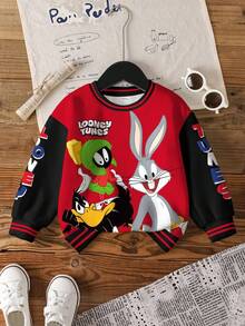 LOONEY TUNES X SHEIN 男童休闲运动风趣味卡通字母图案撞色条纹宽松套头卫衣 - 白色 - 查看 8