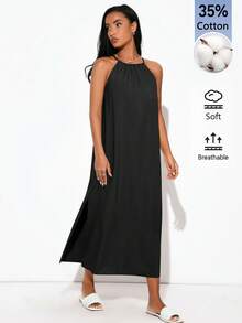 SHEIN BASICS 女款夏季休閒素色細肩帶中長洋裝 - 黑色 - 查看 9