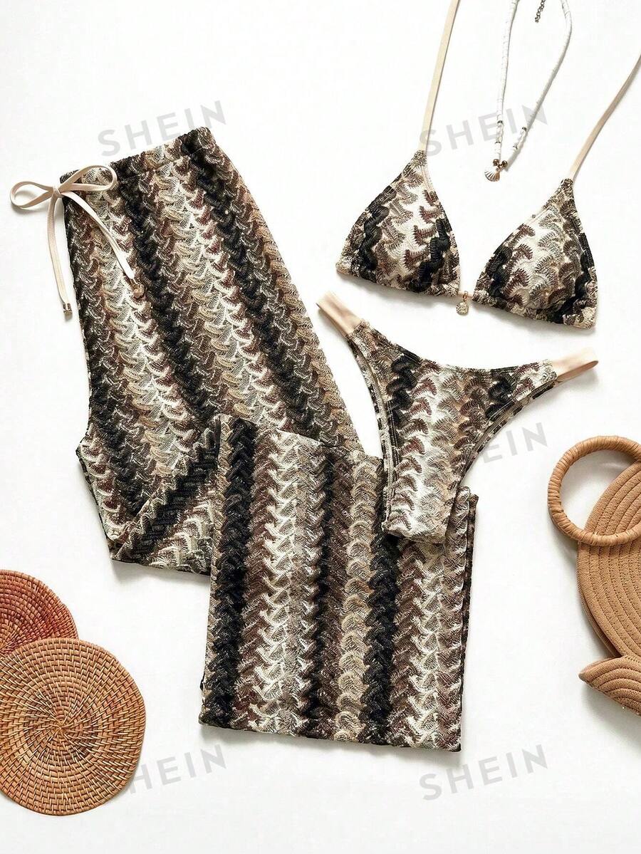 SHEIN Swim Chicsea 26SS 春夏度假海灘波西米亞風編織暖米色比基尼泳裝套裝 3 件組 2026 新款女裝泳衣,適合度假、約會、下午茶、西式風、郵輪、海灘、島嶼、公路旅行、四季、音樂節、波西米亞度假、波西米亞風度假、慵懶秋季、西式波西米亞、優雅女上衣 - 彩色 - 查看 1
