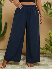 Travachic Plus Size Women Solid Color Loose High Waist Wide Leg Casual Pants - Navy Blue - View 3