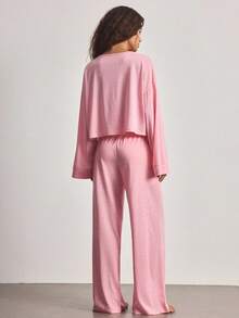 Ocili 2pcs Comfortable Soft Bamboo Knit Round Neck Long Sleeve Top And Pants Women Pajama Set, Summer - Pink - View 3