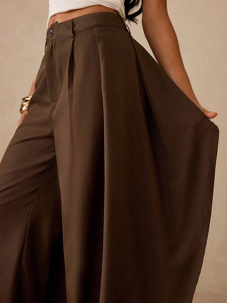 Glamine Summer Anti-Wrinkle Thin Asymmetrical Structure Coffee Brown Suit Wide Leg Pants High Waist Slimming Hip-Covering Draping Relaxed Commute Versatile Magic Pants - Coffee Brown - View 6