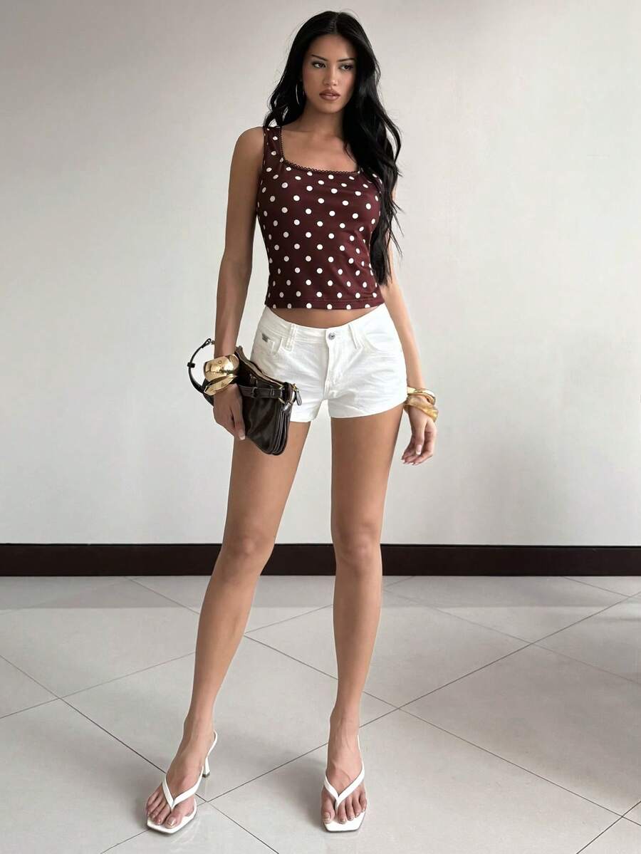 SHEIN BAE 女士休闲修身圆领荷叶边波点印花衬衫。适合通勤和外出穿着的休闲上衣。棕色波点衬衫 - 棕色 - 查看 1