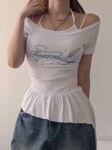DAZY Women's Korean Style Casual Camisole Short Sleeve T-Shirt For Spring And Summer - White - View 4