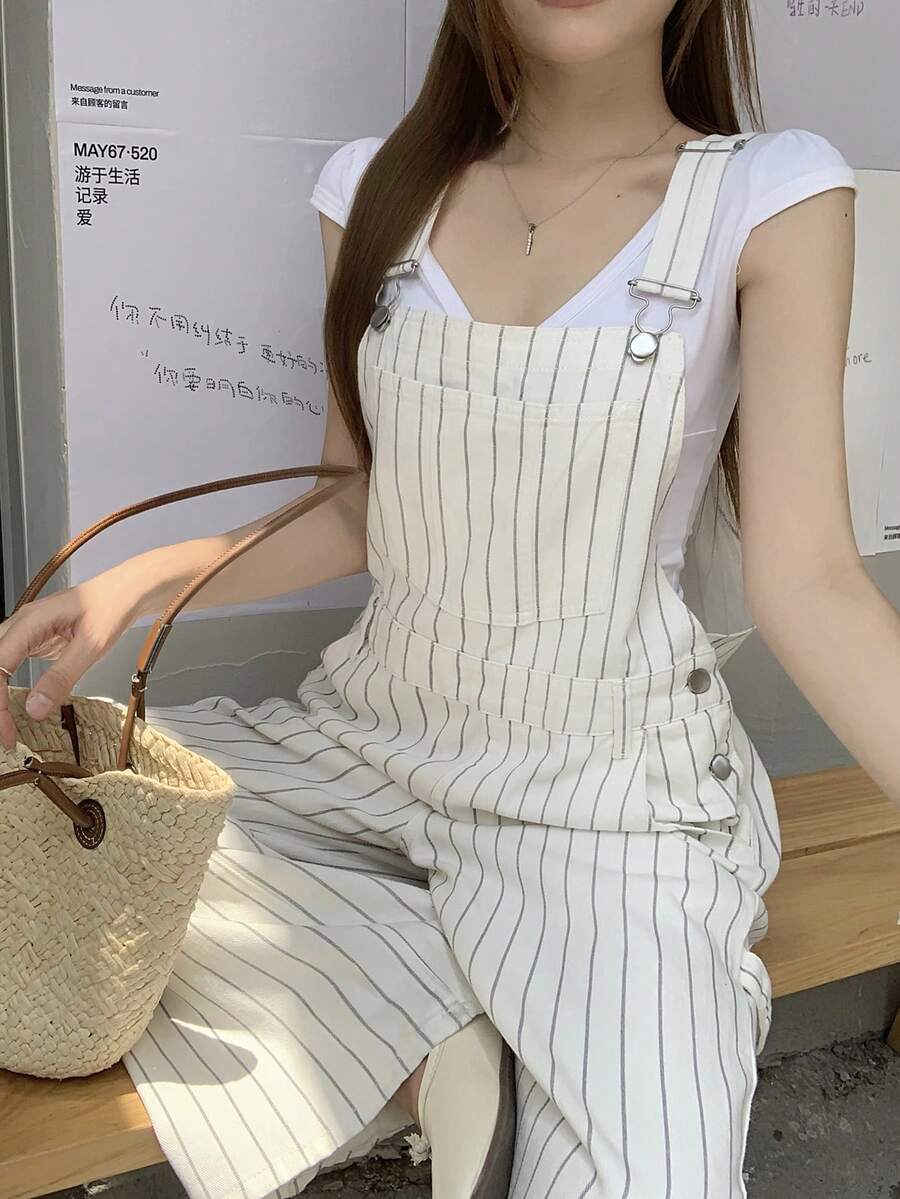 DAZY 女款條紋韓系牛仔吊帶褲與連身褲 - 白色 - 查看 1