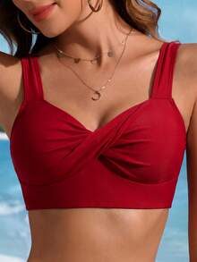 Swim Lushoire Women's Summer Beach Solid Color Ruched Fashion Bikini Top - Red - View 3