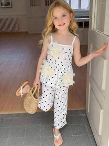 Genkimix Kids 2 Stücke Set für Kleine Mädchen mit schwarzem & weißem Punkt-Muster, 3D-Blumen-Camisole-Top und langer Hose, Mädchen-Punkt-Outfit, Mädchen-Set, elegantes modisches weiches feminines Sommer-Sonnen-2 Stücke-Set für Kinder - Weiss - Übersicht 10