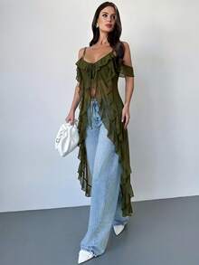 Firerie 女款波希米亞女神風音樂節性感海灘度假透視荷葉邊V領長版細肩帶上衣 - 軍綠色 - 查看 10