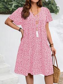 EMERY ROSE Vestido de vacaciones de verano con mangas con volantes y estampado floral pequeño para mujer de talla grande - Rosa coral - Ver 3