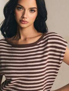 Poéselle Women's Striped Boat Neck Batwing Short Sleeve Casual Retro Vintage 70s 2000s Knit Top Everyday Night Holiday Brown Striped Autumn - Brown - View 7
