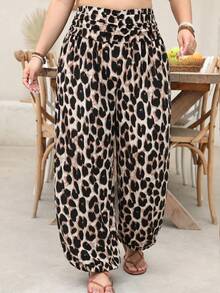 EMERY ROSE Plus Size Women's Beach Vacation Ruched Waist Leopard Print Jogger Pants Fall - Multicolor - View 5