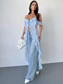 Firerie 女款波希米亞風音樂節性感海灘度假透視荷葉邊V領長版細肩帶上衣 - 淺藍色 - 查看 10