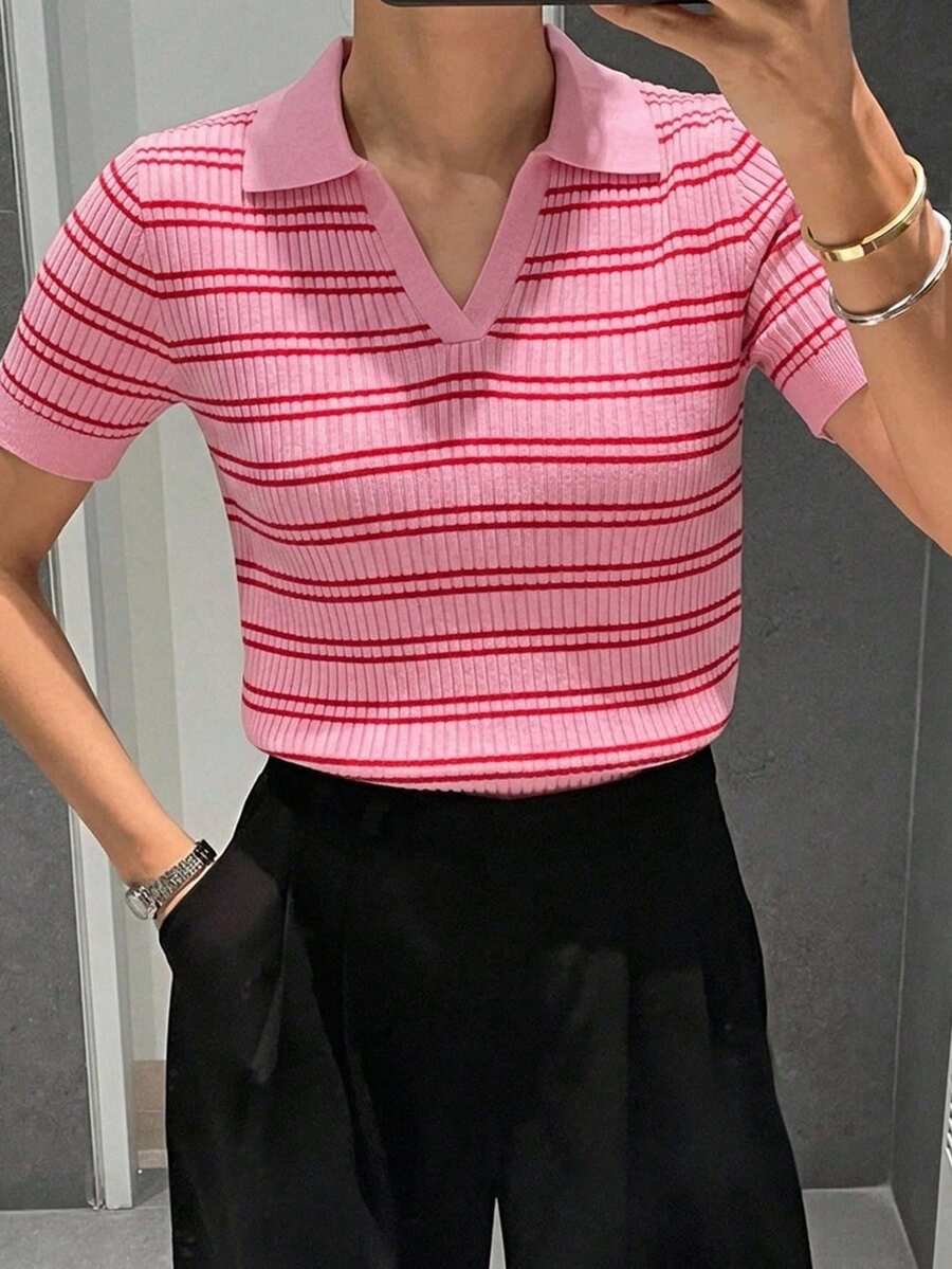 DAZY Top de punto casual versátil de uso diario con bloques de color a rayas para mujer - Rosa - Ver 1
