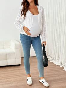 SHEIN Cardigan Rajut Berongga Warna Polos Serbaguna Kasual untuk Ibu Hamil - Putih - View 5