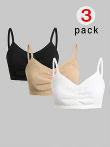 SHEIN Tween Mädchen Einfaches Lässiges Sport Gathered Strick Bequemer Hautfreundlicher Wachstumsphase Camisole BH 3er Set, Einfacher Lässiger Gepolsterter Hautfreundlicher Bequemer Schüler BH 3er Set - Verschiedenfarbig - Übersicht 2