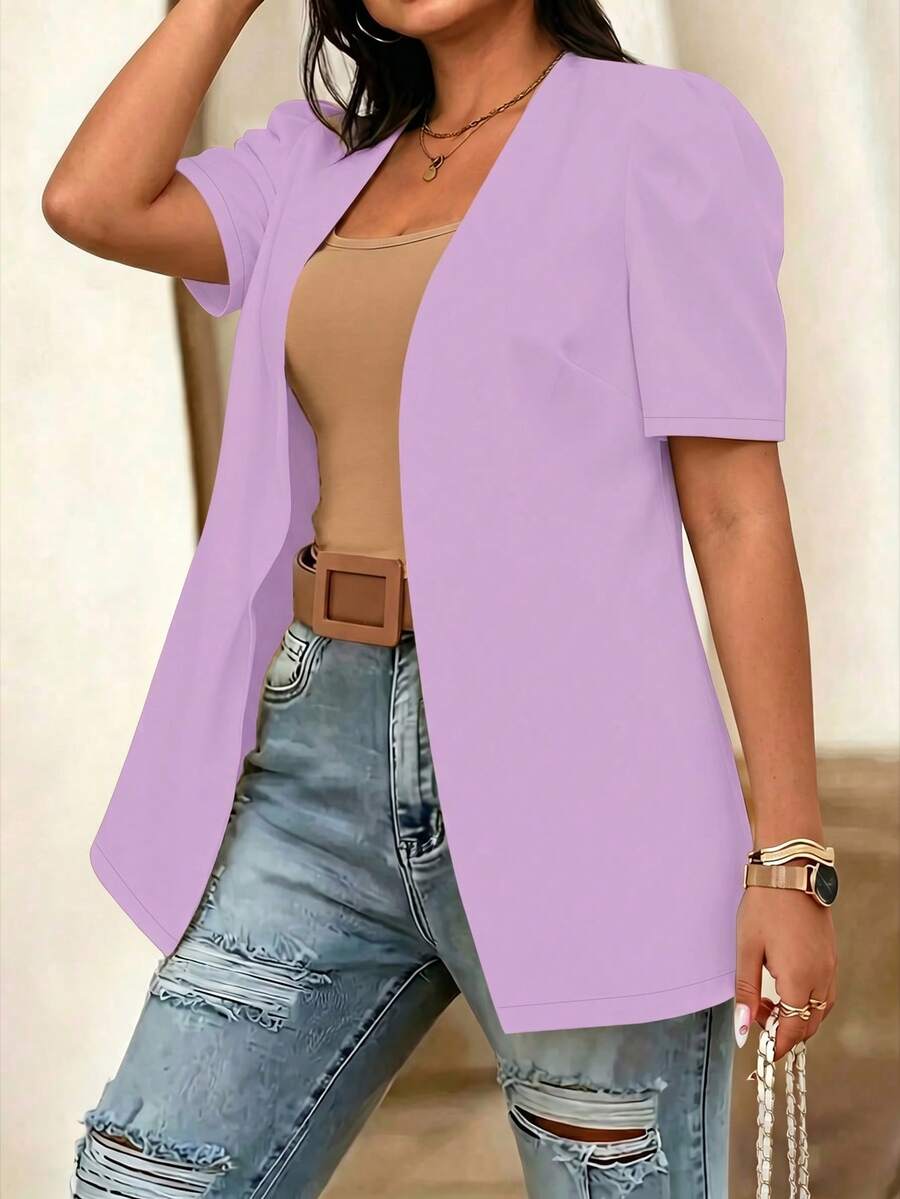 Elenzga Plus Size Women Solid Color Casual Versatile Commuting Blazer - Purple - View 1