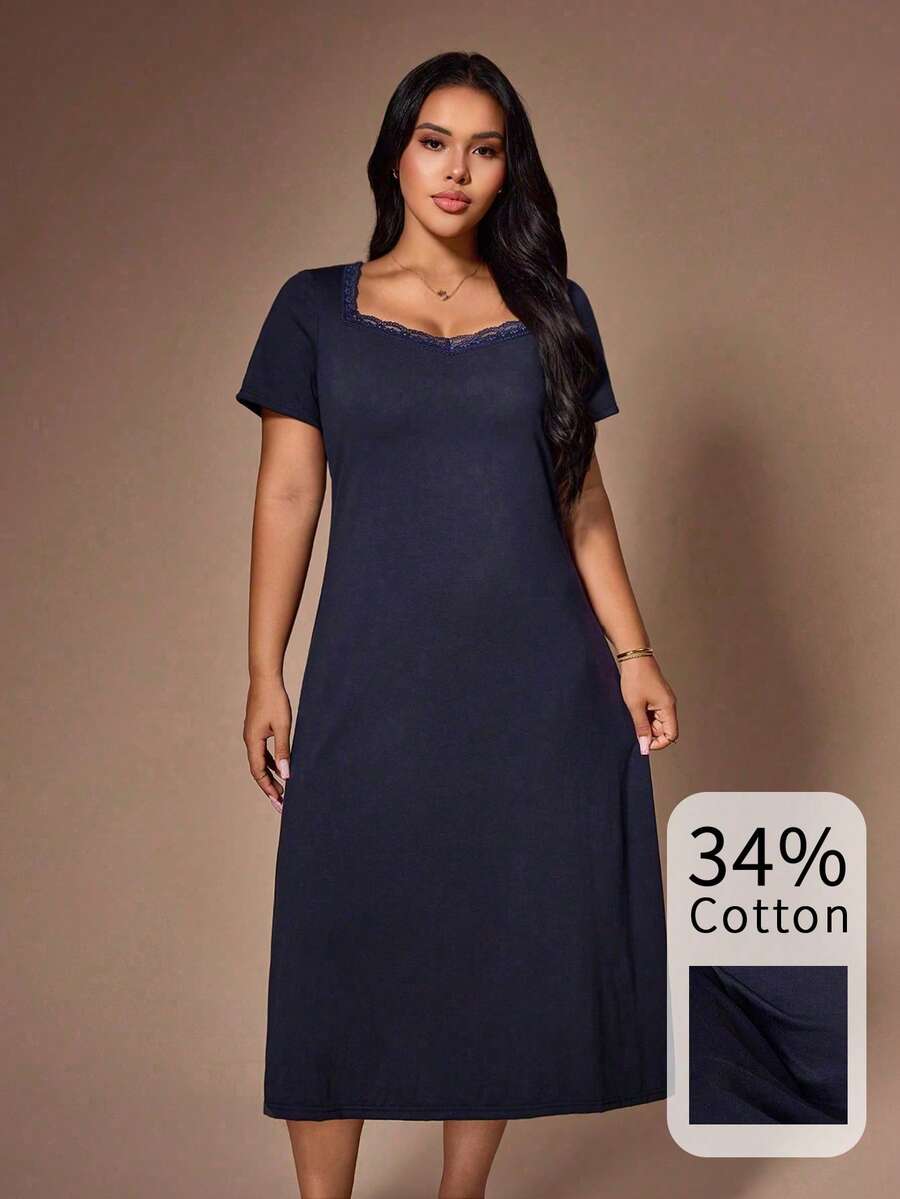 Lazeform Navy Blue Comfortable Fitted Sleepwear Dress, Slimming Plus Size For Summer - Navy Blue - View 1