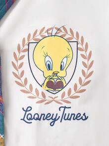 LOONEY TUNES X SHEIN Tween Girl Cartoon Tweety Print Cozy Casual Button Up Top & Plaid Pants 2 Pieces Loungewear Pajamas Set - Olive Green - View 5