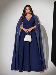 Viva Relle Plus Size Women's V-Neck Faux Pearl Decor Mesh Patchwork Casual Party Dress Fall - Navy Blue - View 3