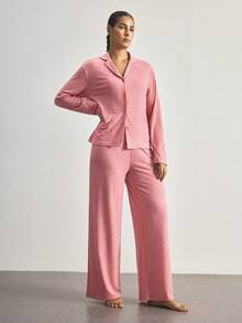 Ocili Set Piyama Motif Bunga Lembut dengan Kerah, Atasan Lengan Panjang dan Celana untuk Wanita - Dusty Pink - View 4