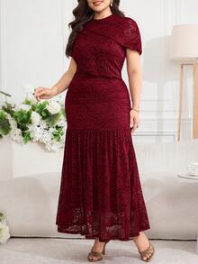 Modelyn Plus Size Women's Round Neck Solid Color Floral Lace Ruffle Hem Dress Evening Wedding Burgundy Summer Formal Elegant - Burgundy - View 6