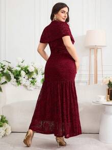 Modelyn Plus Size Women's Round Neck Solid Color Floral Lace Ruffle Hem Dress Evening Wedding Burgundy Summer Formal Elegant - Burgundy - View 2