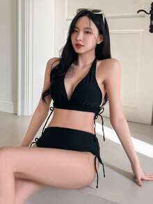 DAZY Ladies' Solid Color Halter Neck Bikini Set Summer Beach,Tankini Bathing Suit Vacation - Black - View 5