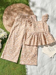 SHEIN Vintaside Kids 少女雛菊圖案荷葉袖上衣與長褲可愛兩件套 - 卡其色 - 查看 5