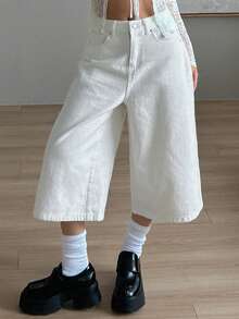 DAZY Celana Jeans Pendek Wanita Warna Putih, Longgar, Kasual, Model Lurus - Putih - View 6