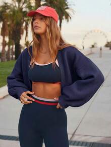 Aralina Women's Solid Color Dropped Shoulder Long Sleeve Casual Cropped Cardigan - Navy Blue - View 3